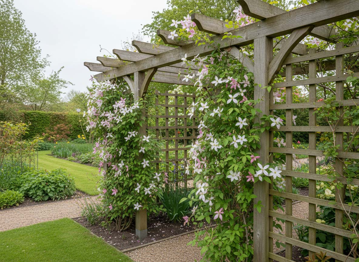 Clematis montana le long d'une clôture